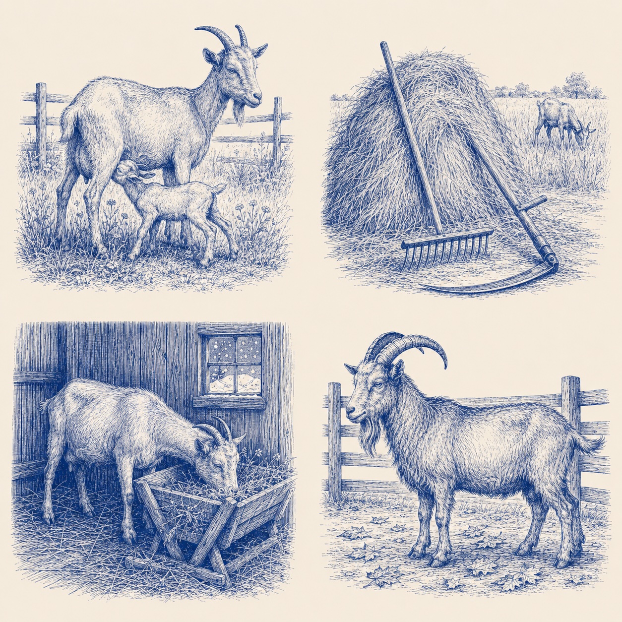 Cykl roczny w Końcewie — ilustracja w czterech kwadrantach: koza z koźlęciem, sianokosy, zima w stajni, kozioł