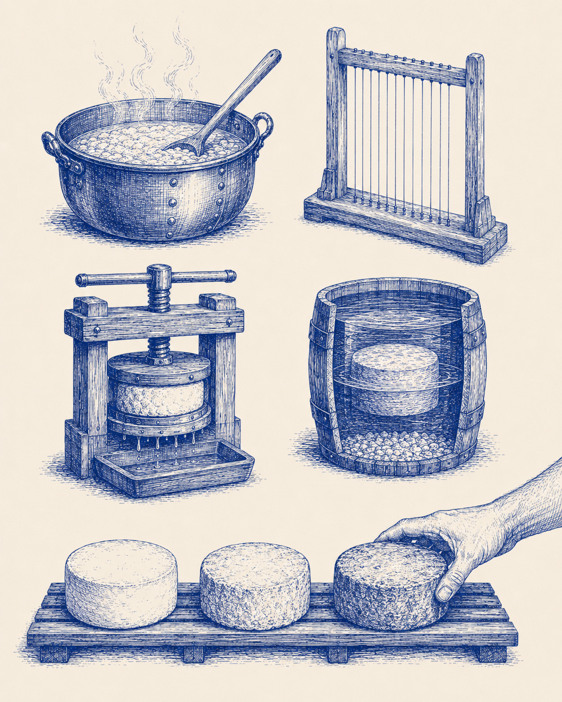 Ilustracja etapów wyrobu dojrzewającego sera koziego